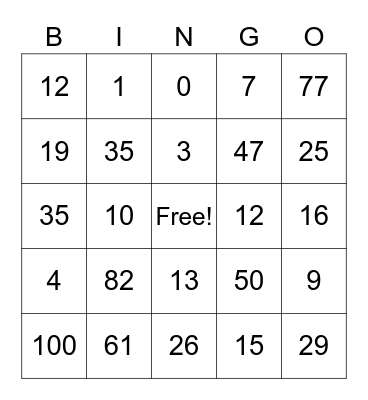 Number Bingo! Bingo Card