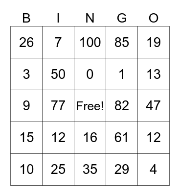 Number Bingo! Bingo Card