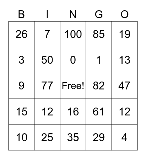Number Bingo! Bingo Card