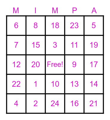 MIMPA's Family BINGO Card