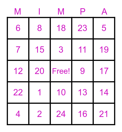 MIMPA's Family BINGO Card