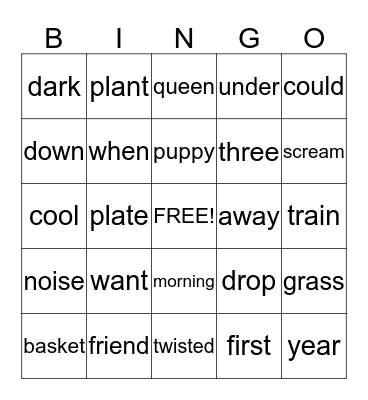 Sight Words Bingo Card