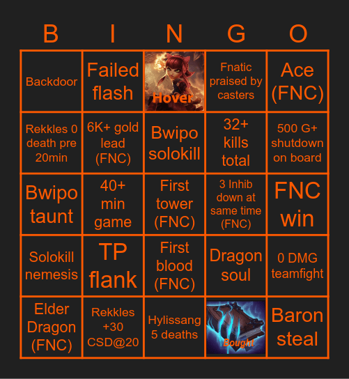 Fnatic VS Vitality Bingo Card