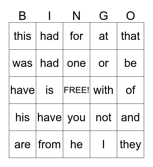 sight words Bingo Card