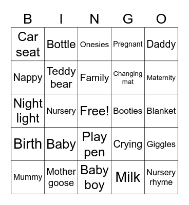 Izzys baby shower Bingo Card