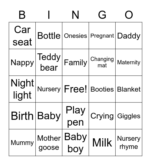 Izzys baby shower Bingo Card