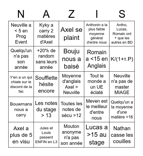 Les turboteubés à la fac Bingo Card