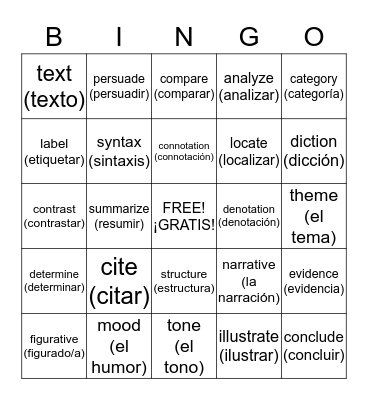 ELA Vocabulary Bingo Card