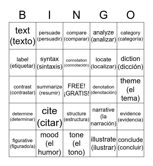 ELA Vocabulary Bingo Card