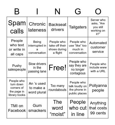 Pet Peeves Bingo Card