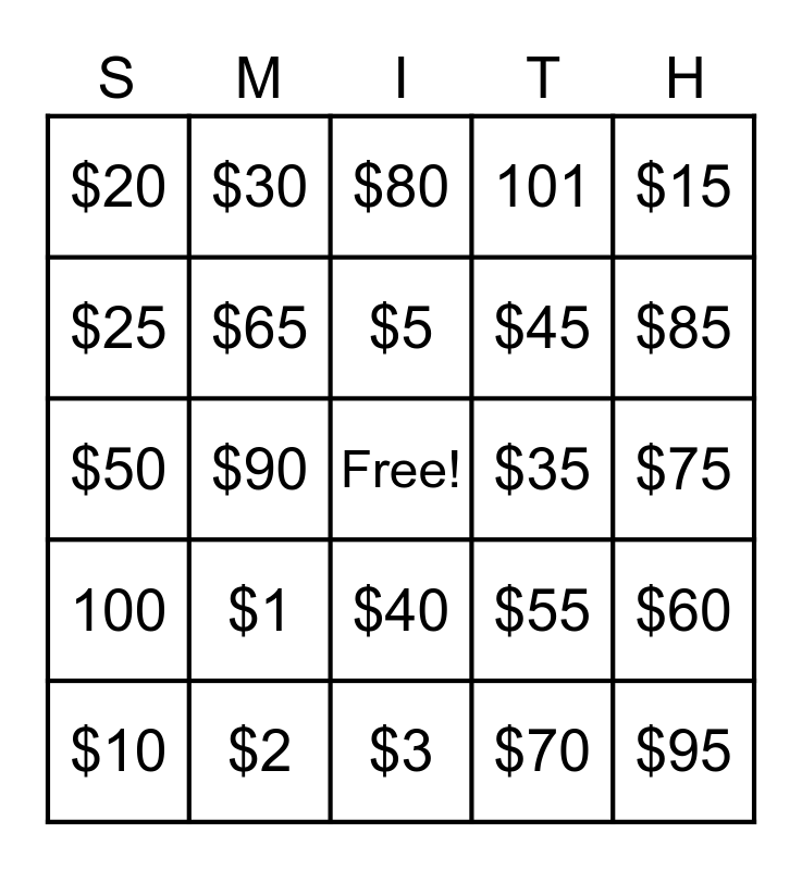 Smith Fun Bingo Card