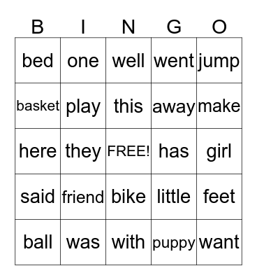 Sight Words Bingo Card