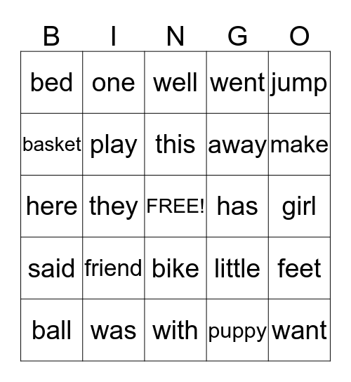 Sight Words Bingo Card
