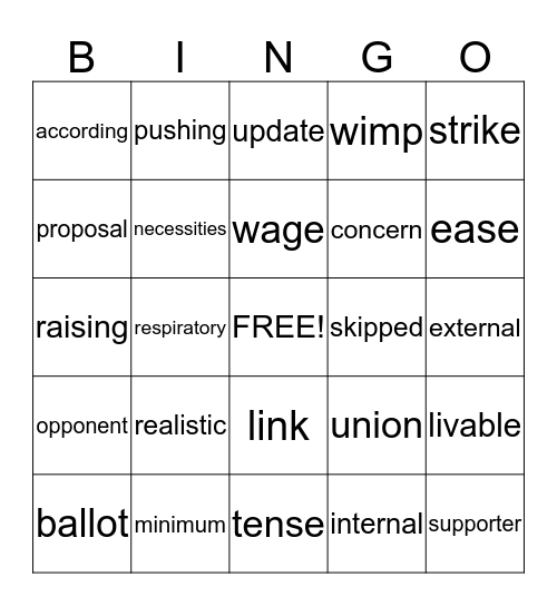 Minimum Wage Vocab Bingo Card