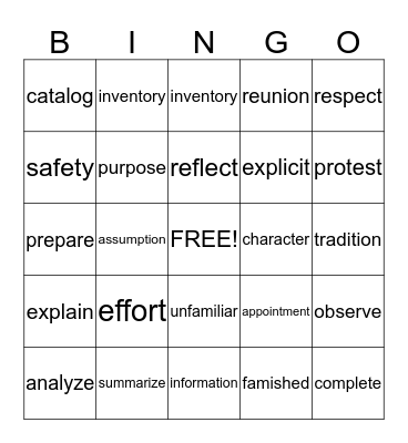 Vocabulary Bingo Card