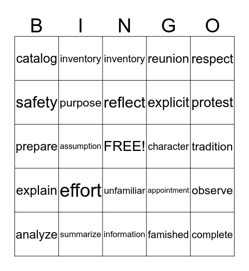 Vocabulary Bingo Card