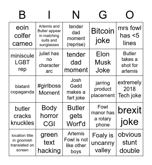 Artemis Fowl (2020) Bingo Card