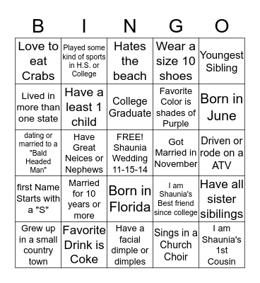 Shaunia's Bridal Shower 10/11/14 Bingo Card