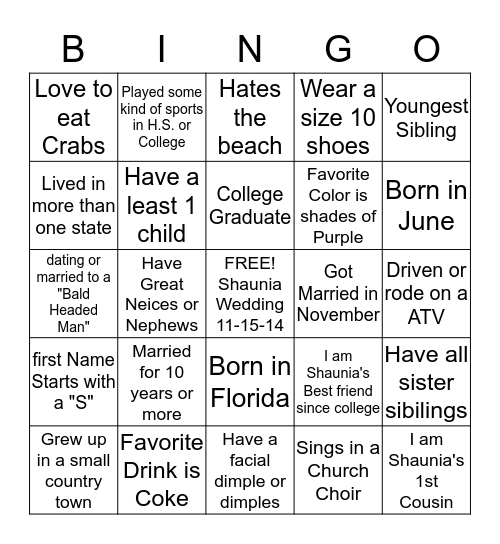 Shaunia's Bridal Shower 10/11/14 Bingo Card
