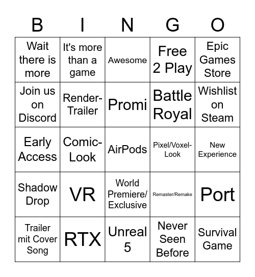 Future Game Show Bingo Card