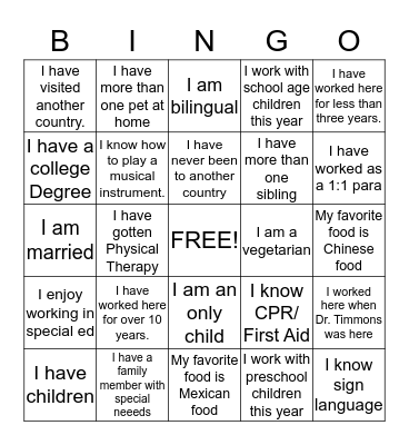 Staff Deveolpment BINGO Card