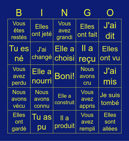 Participes passés Bingo Card