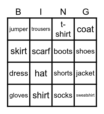 Clothes Bingo Card