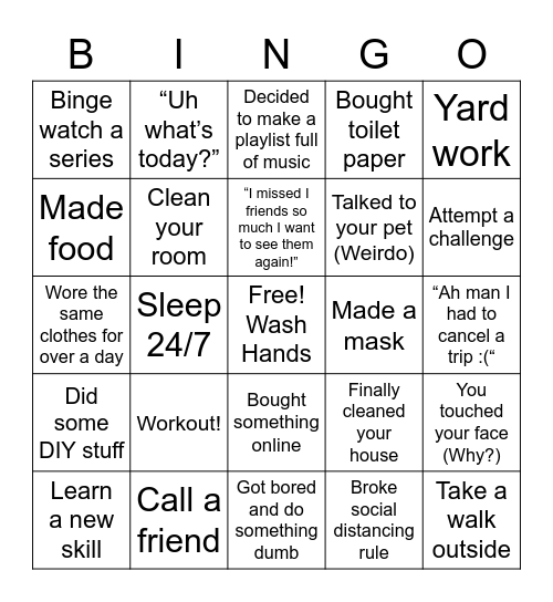 Quarantine Bingo Card