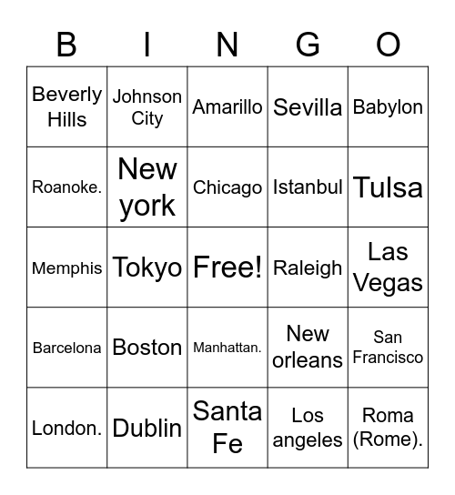 Songs about Cities Bingo Card