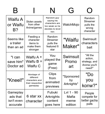 Arknights Ads Bingo Card