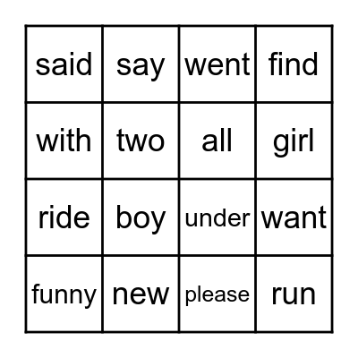 sight words Bingo Card