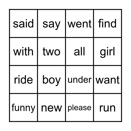 sight words Bingo Card