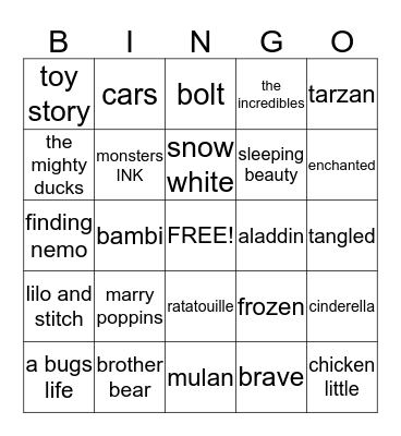 disney movies  Bingo Card