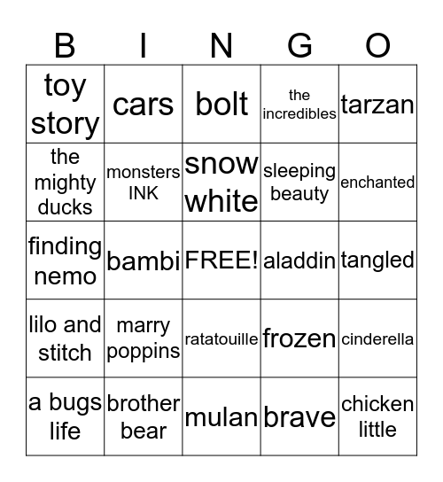 disney movies  Bingo Card