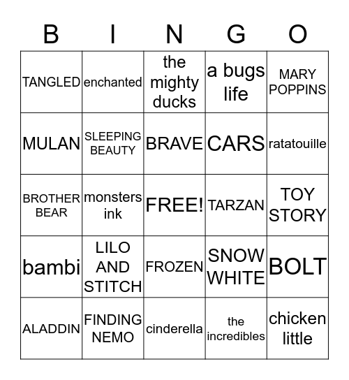 DISNEY MOVIES  Bingo Card