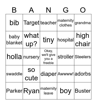 Angela's Shower Bango                      (baby + bingo = Bango) Bingo Card