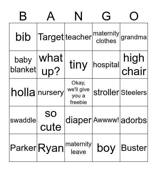 Angela's Shower Bango                      (baby + bingo = Bango) Bingo Card