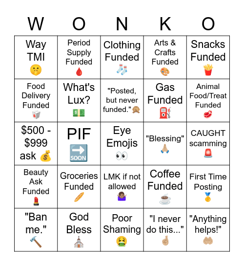 WONKO CARD Bingo Card