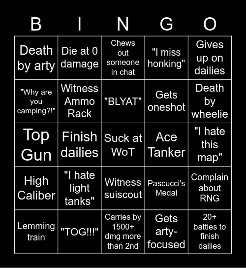 World of Tanks Bingo Card