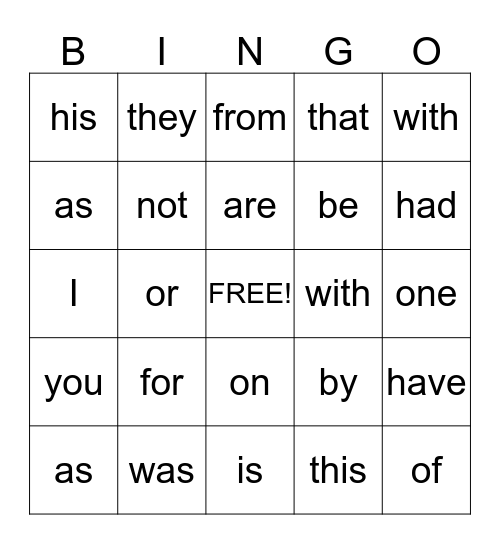 sight words Bingo Card