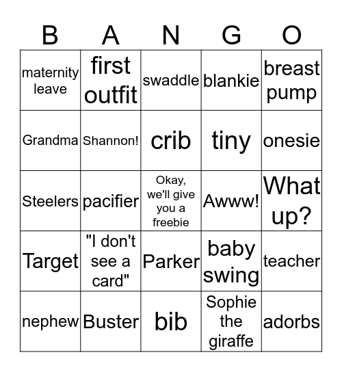 Angela's Shower Bango (baby + bingo = Bango) Bingo Card