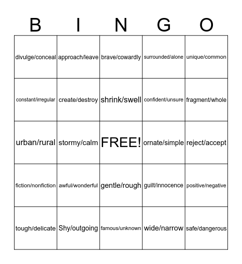 Antonyms Bingo Card