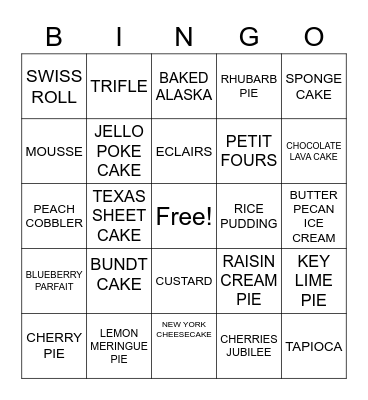Dessert Bingo Card