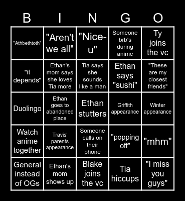 Rart hangout Bingo Card