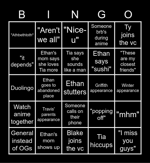 Rart hangout Bingo Card