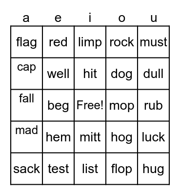 SHORT VOWEL        Game 1 Bingo Card