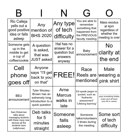 Faculty Meeting Bingo Card