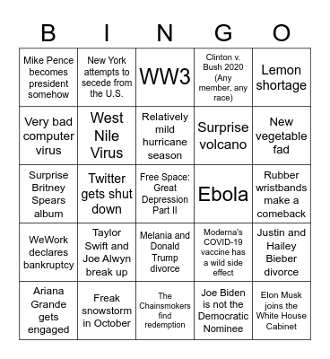 2nd Half of 2020 Bingo Card