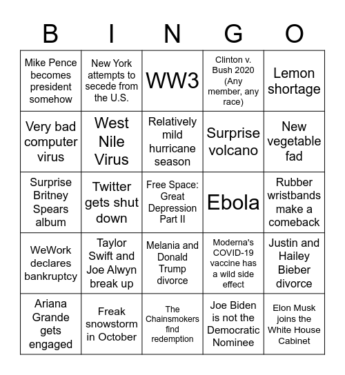 2nd Half of 2020 Bingo Card