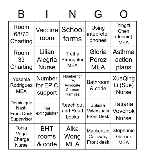 CHC Orientation Bingo Card